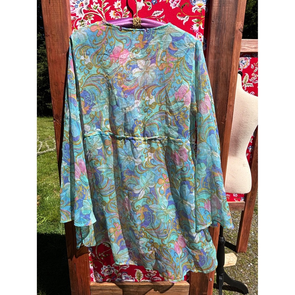 Turquoise Flare Sleeve Sheer Psychedelic Pastel Jeweled Babydoll Blouse - Picture 4 of 15